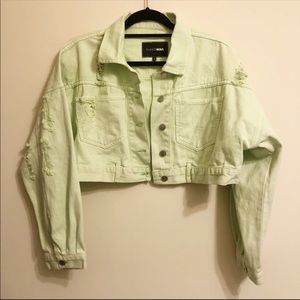 Fashion Nova pastel Green cropped Distressed Denim Jean Jacket